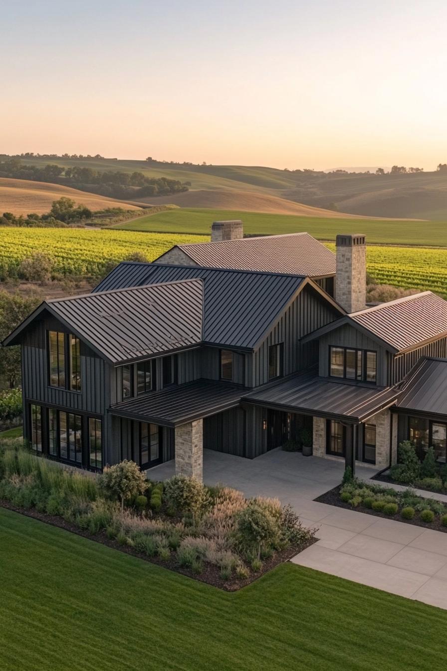 Modern farmhouse amidst lush fields, capturing sunset hues