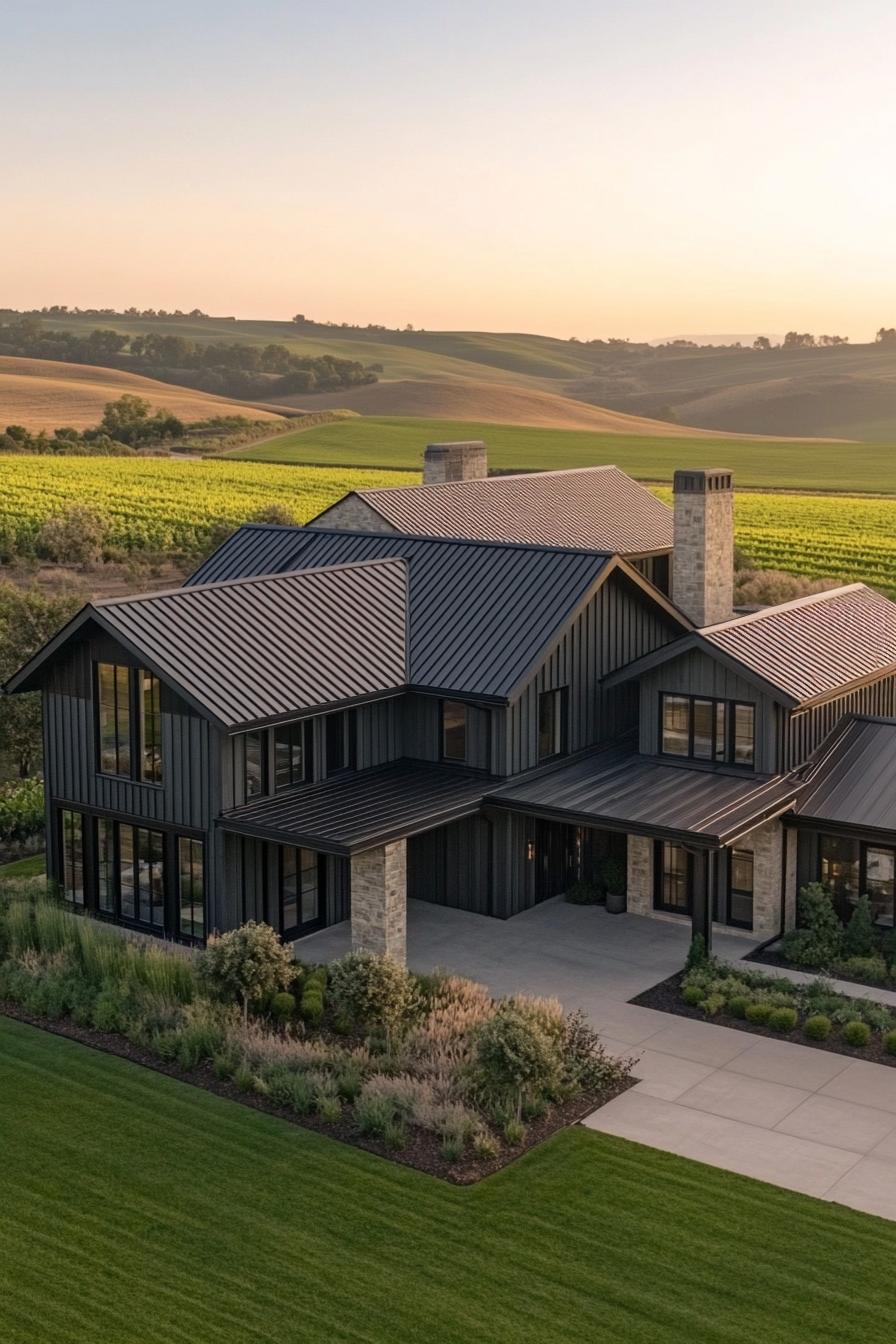 Luxury farmhouse with metal roof and rustic stone chimneys