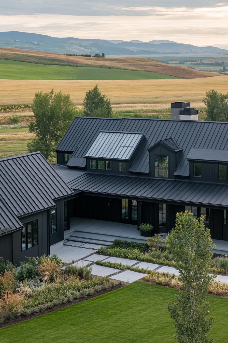 Modern farmhouse with black metal roof and large windows overlooking countryside