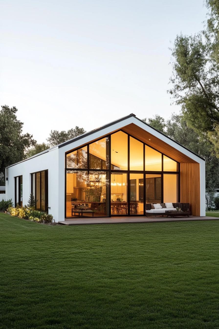 Modern rancher house with big glass windows under evening light