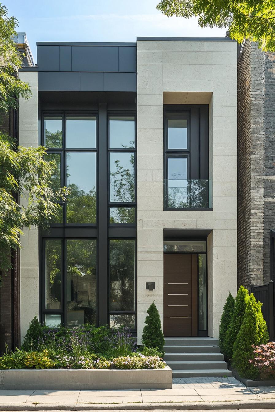 Contemporary townhouse facade with large windows and sleek entrance