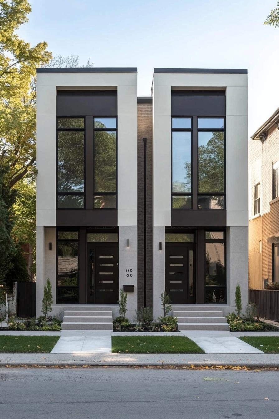 Modern townhouse with tall windows and sleek design