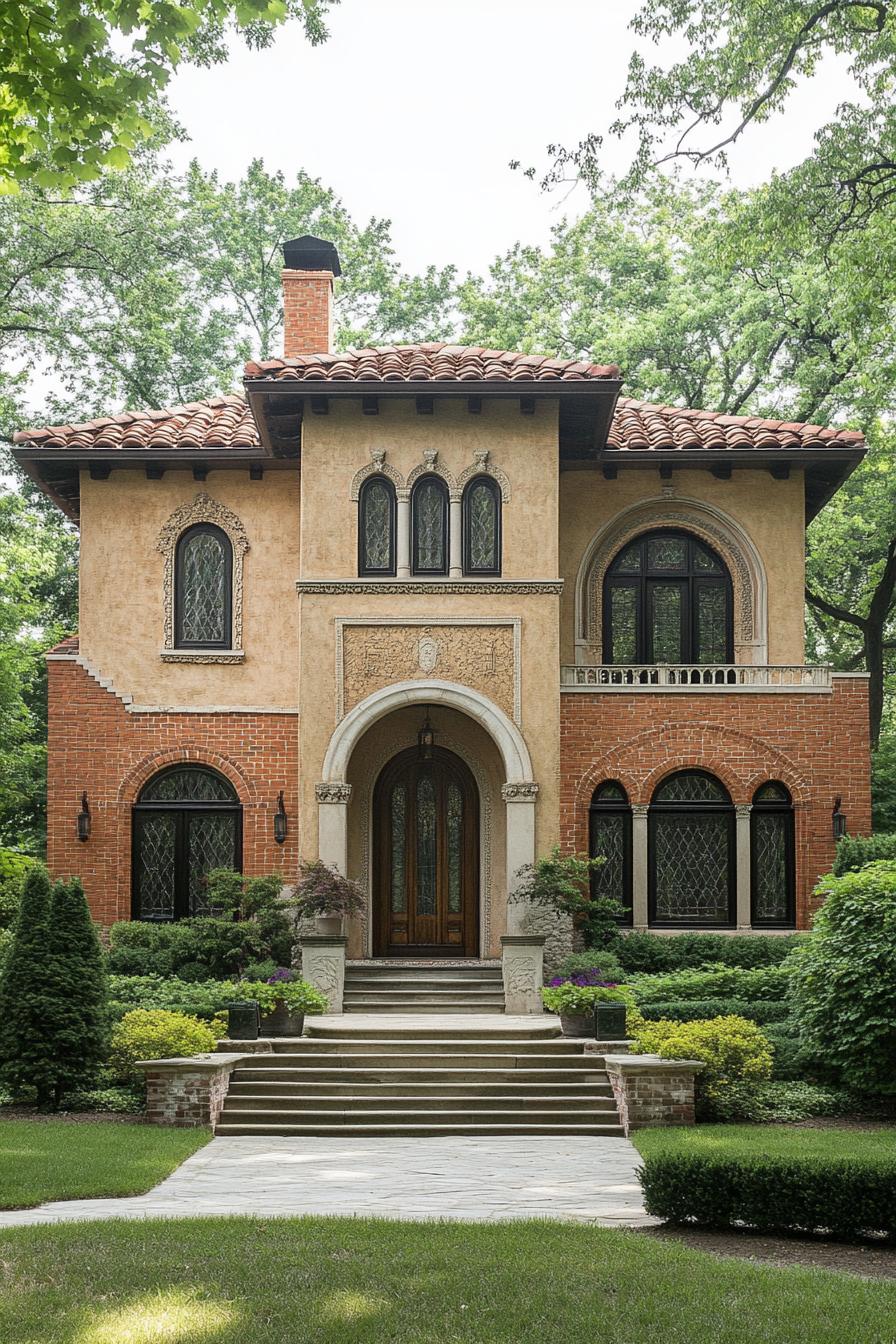 Elegant Tuscan house with a terracotta roof and brick details