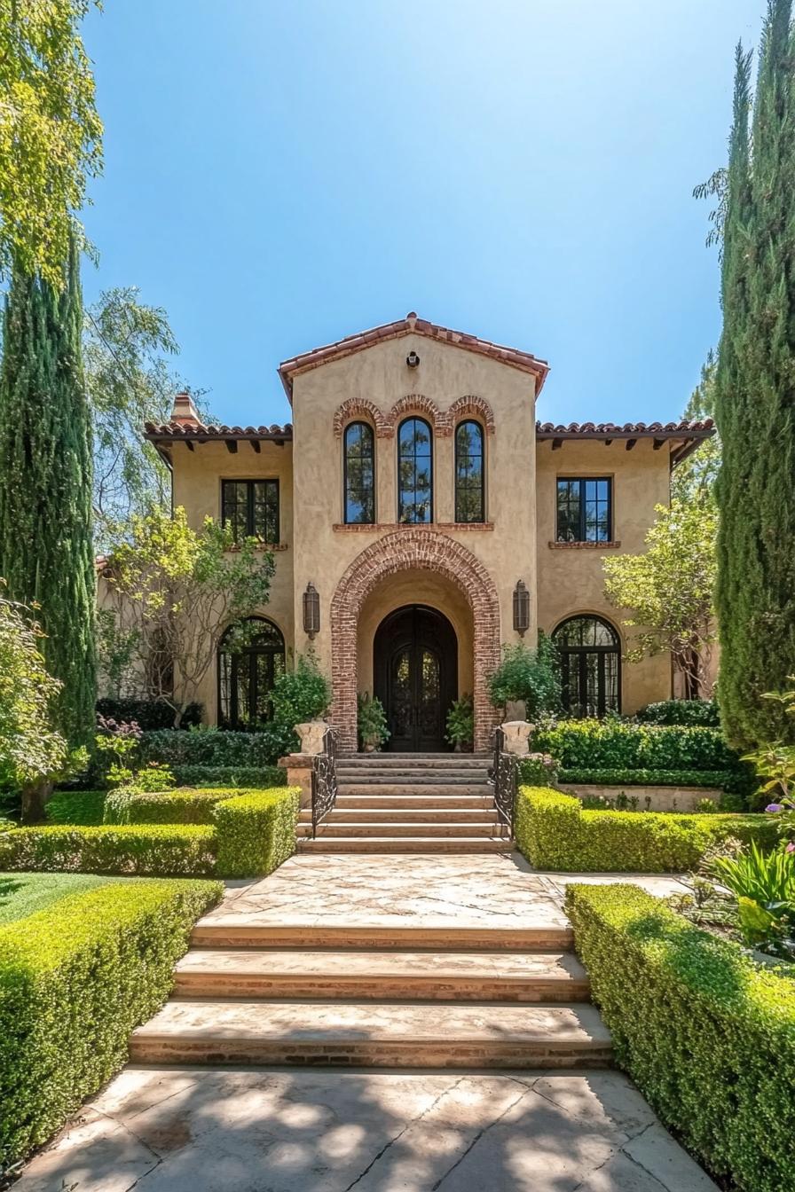 Front view of a Tuscan-style house with arched windows and lush greenery