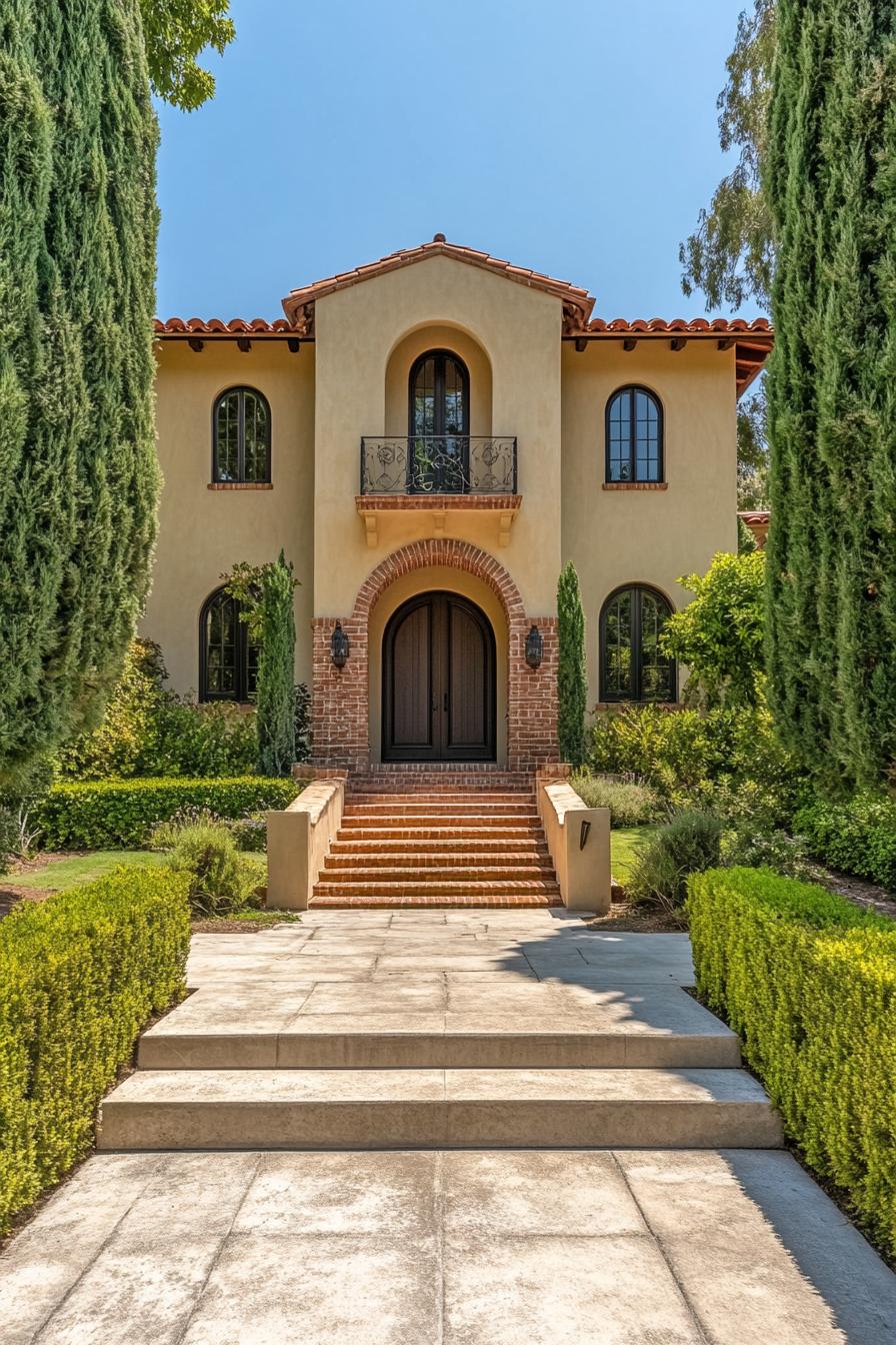 Tuscan house with arched entrance and cypress trees