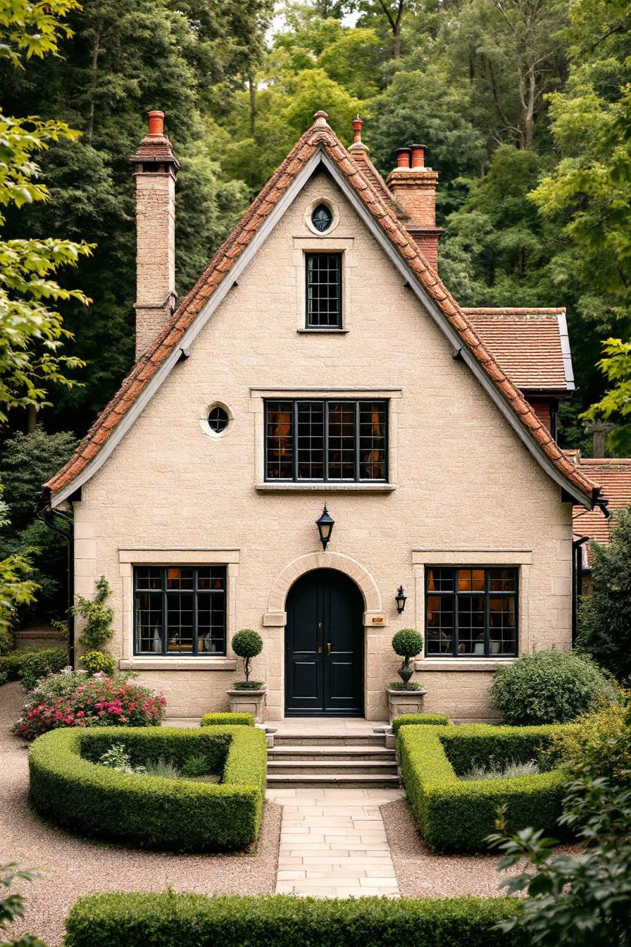 Charming stone cottage with red roof surrounded by lush greenery