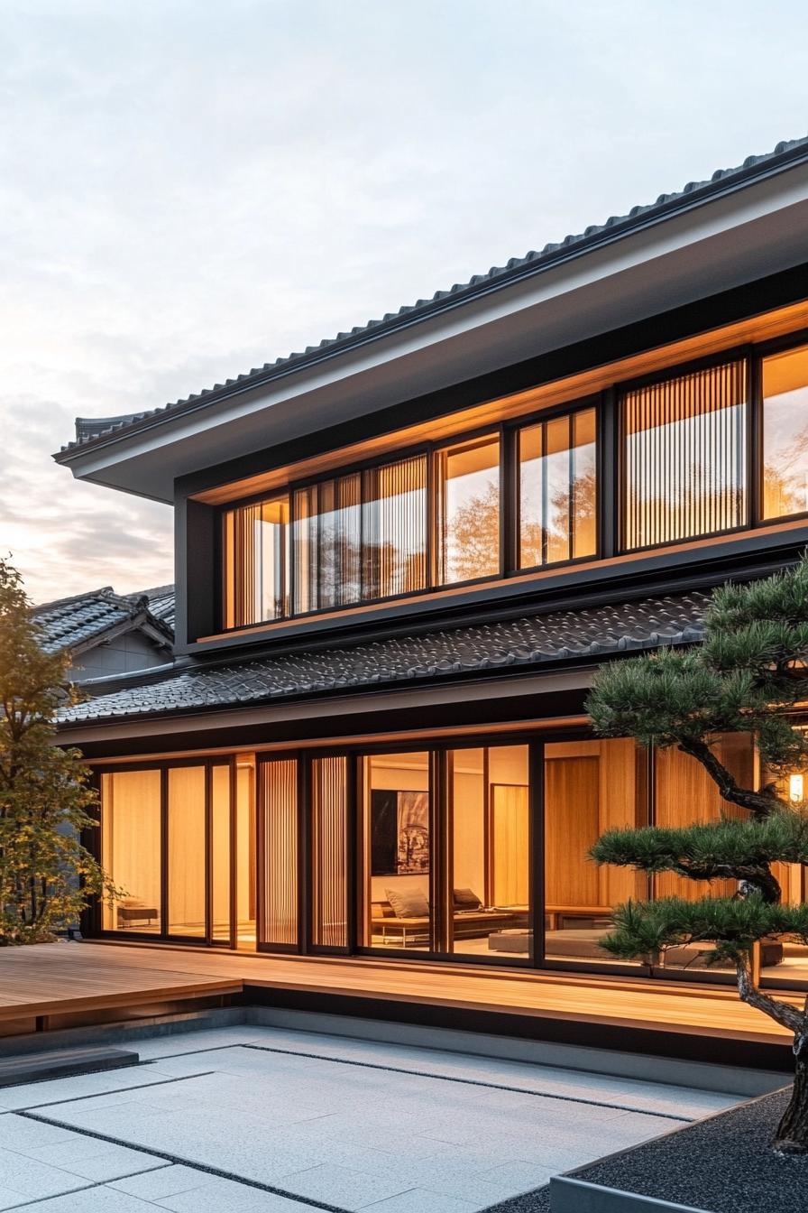 Minimalist Japanese house with large windows and a tiled roof