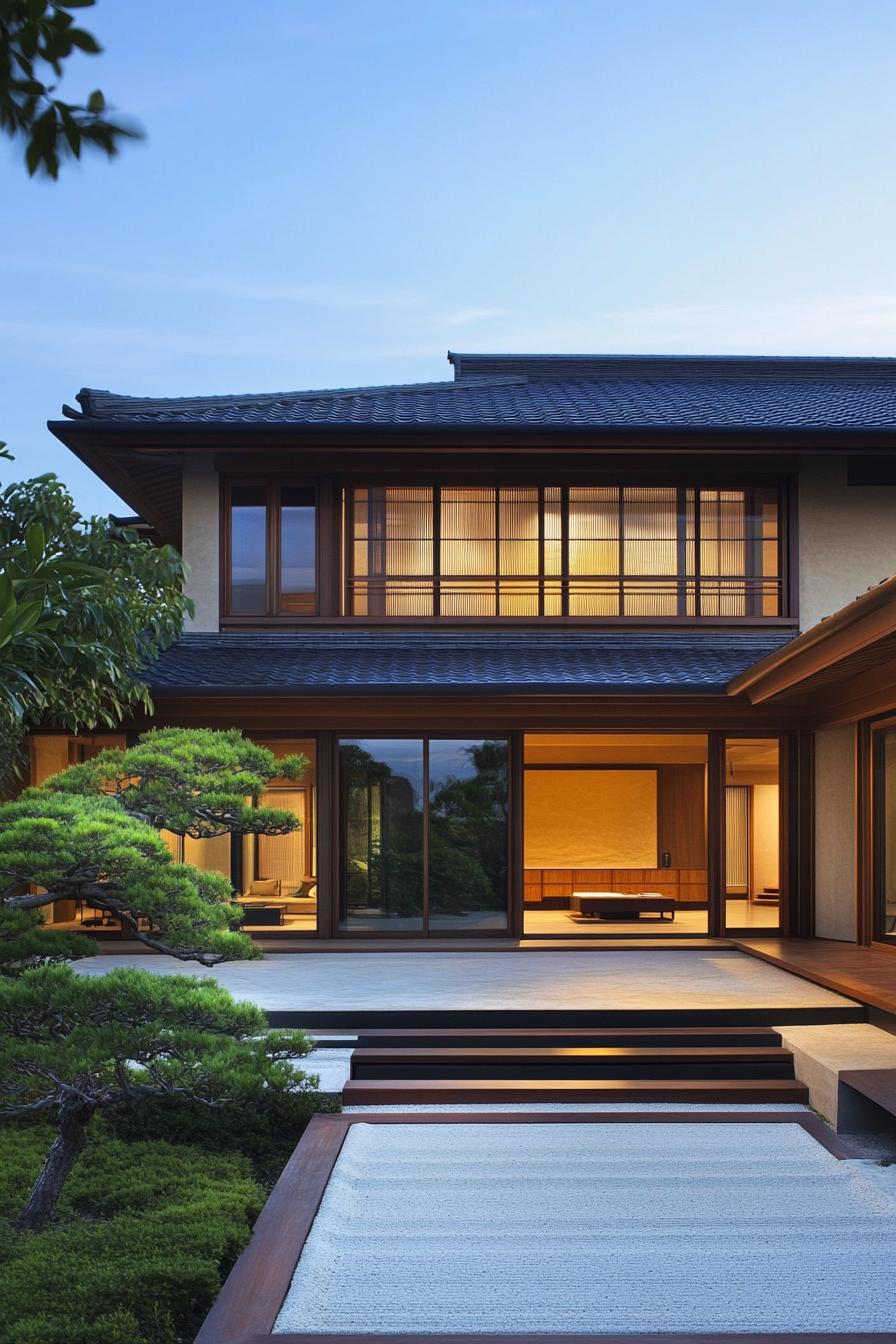 Japanese minimalist house with large windows and a serene garden