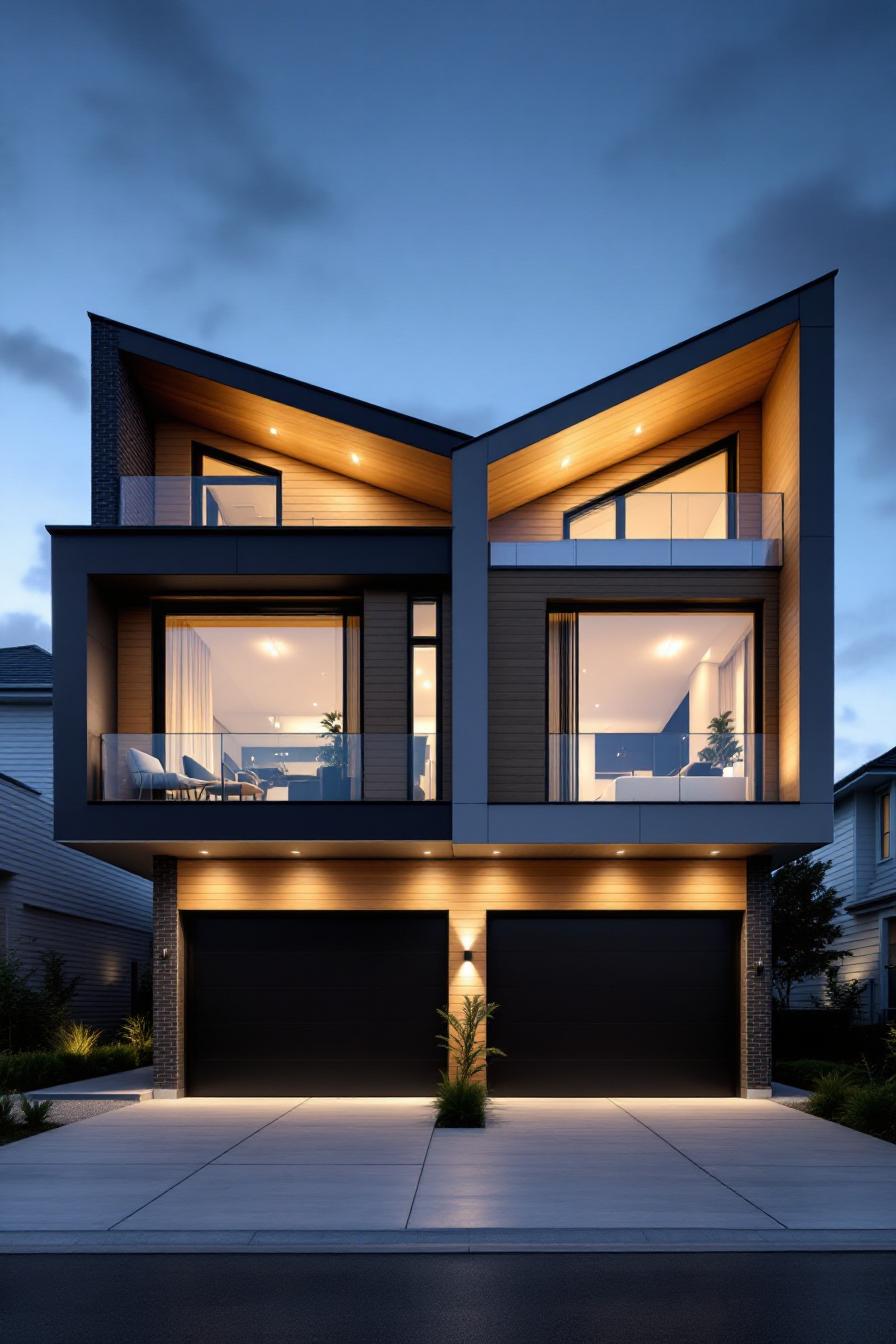 Modern duplex house with angled roofs at dusk