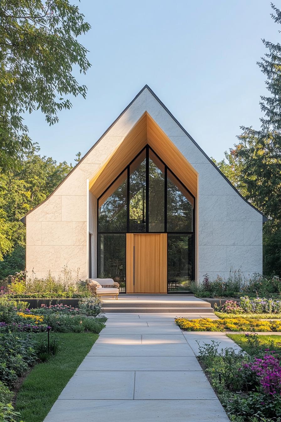 A-frame home with large windows and garden path