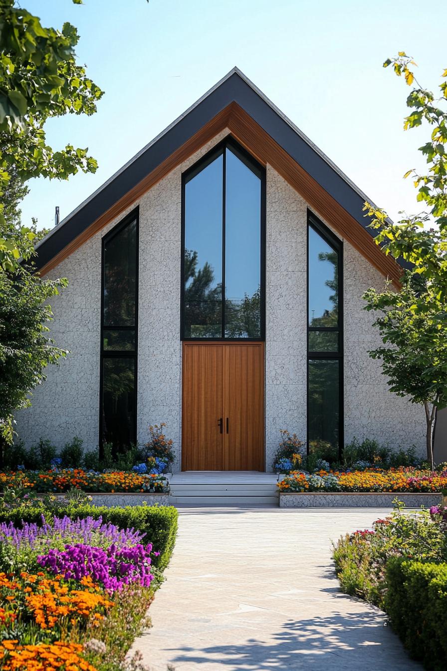 Stylish A-frame house with tall windows and a vibrant garden