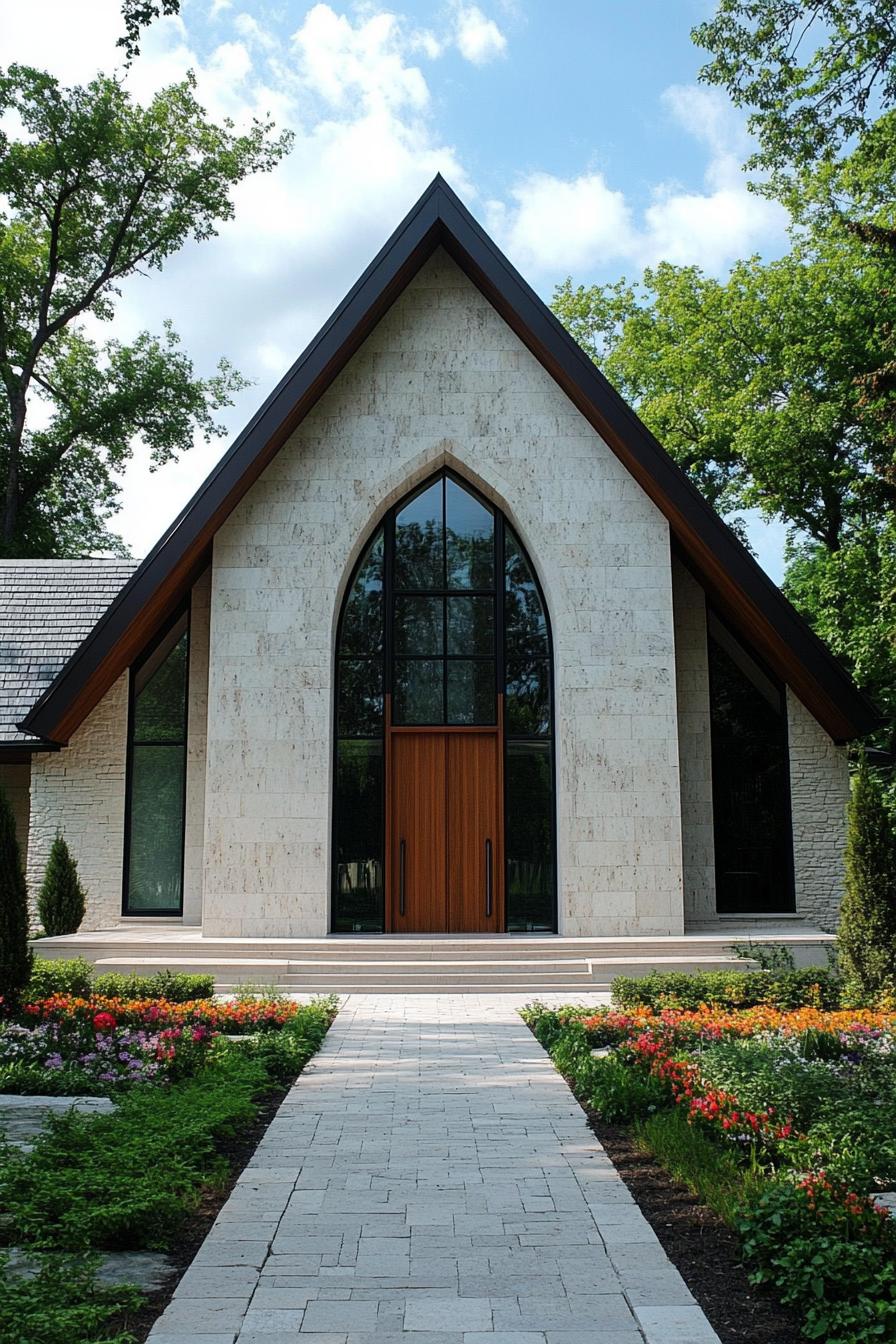 Chapel-style house with a steep roof and wooden doors