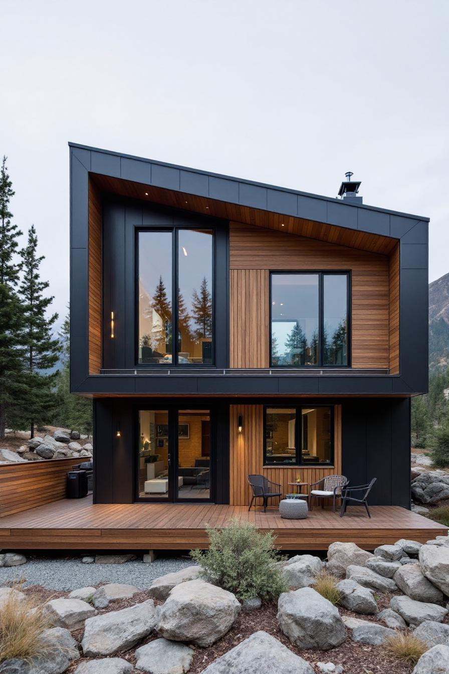 Sleek two-story cabin with floor-to-ceiling windows