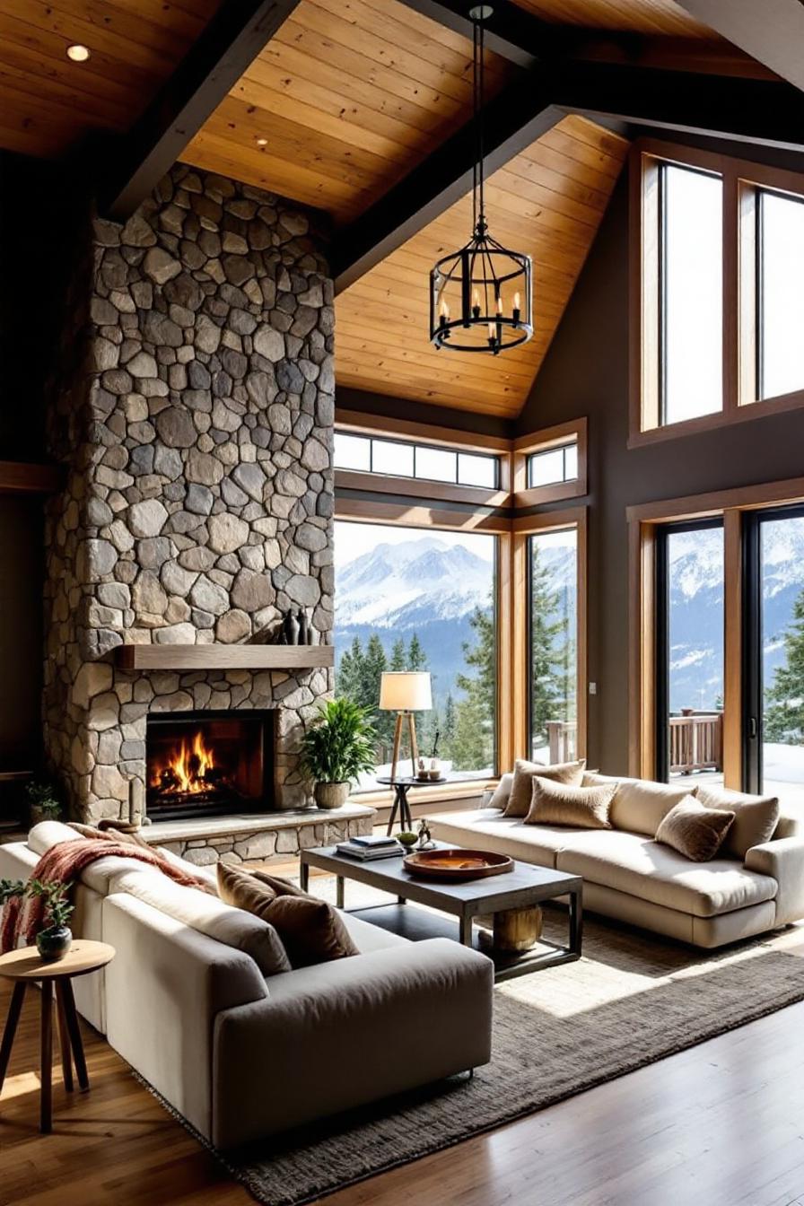 Spacious living room with stone fireplace and mountain views