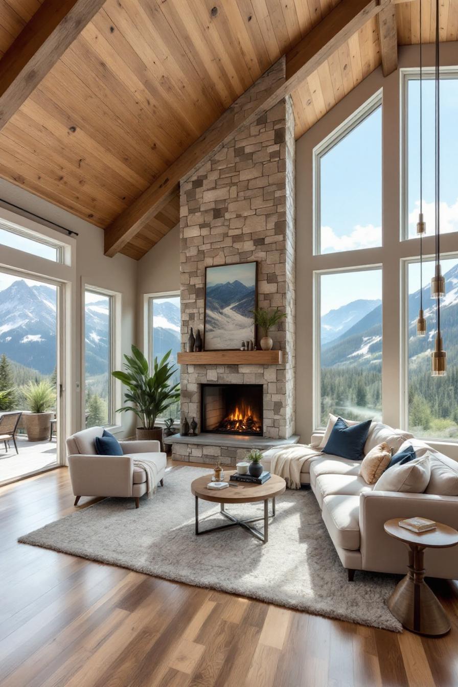 Cozy living room with a stone fireplace and mountain views