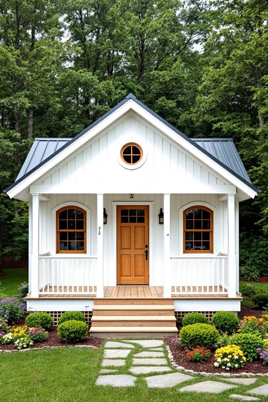 Charming small house with wooden accents and lush gardens