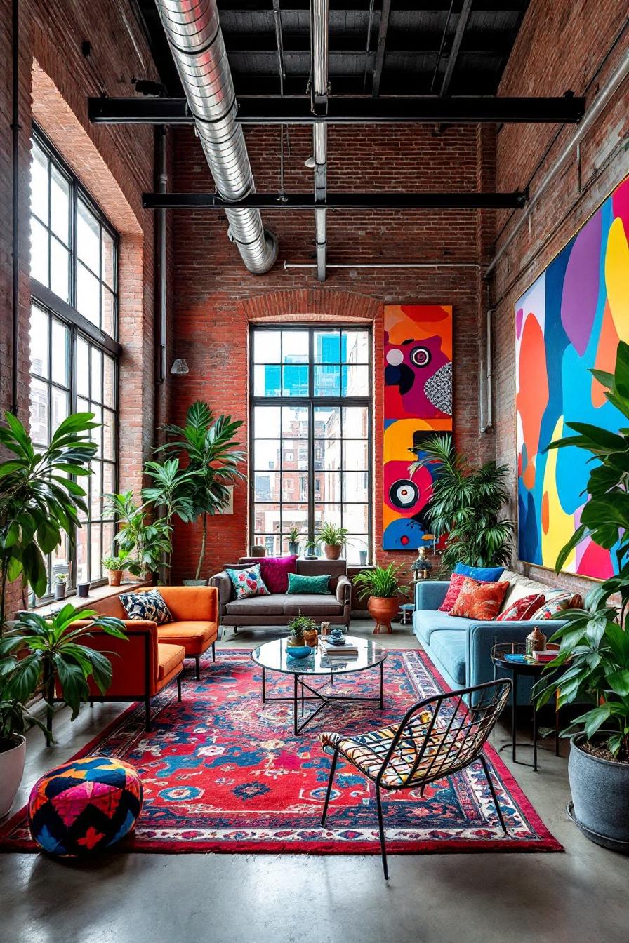 Vibrant and cozy artist loft with bold artwork and lush greenery