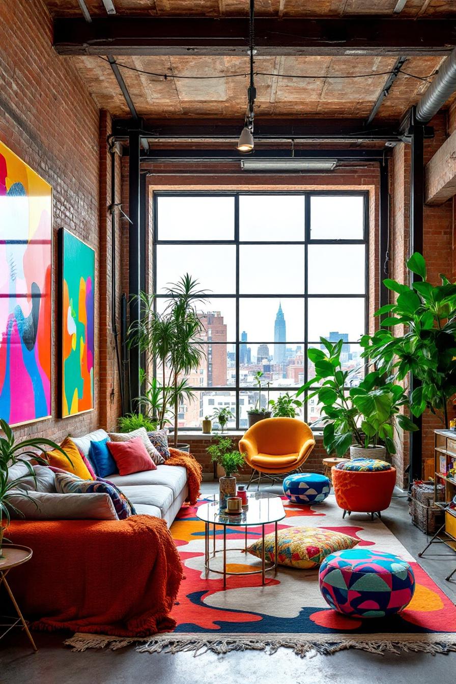 Brightly colored loft with vibrant decor and city view