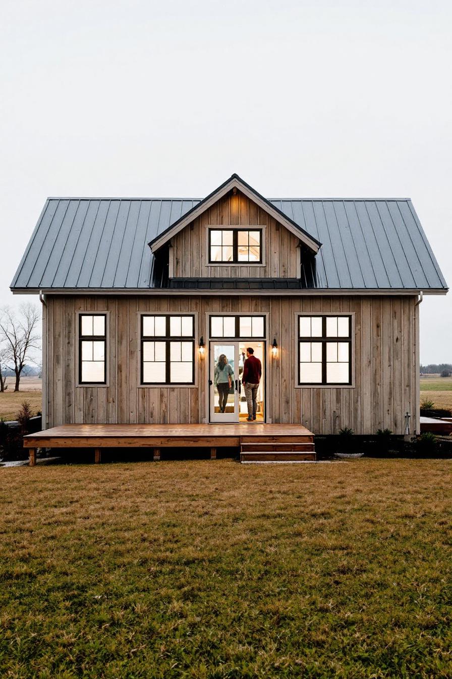 Cozy farmhouse with warm lights and a welcoming porch