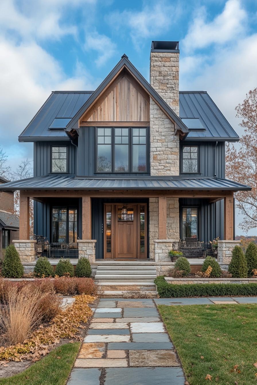 Charming farmhouse with stone accents and sloped roof