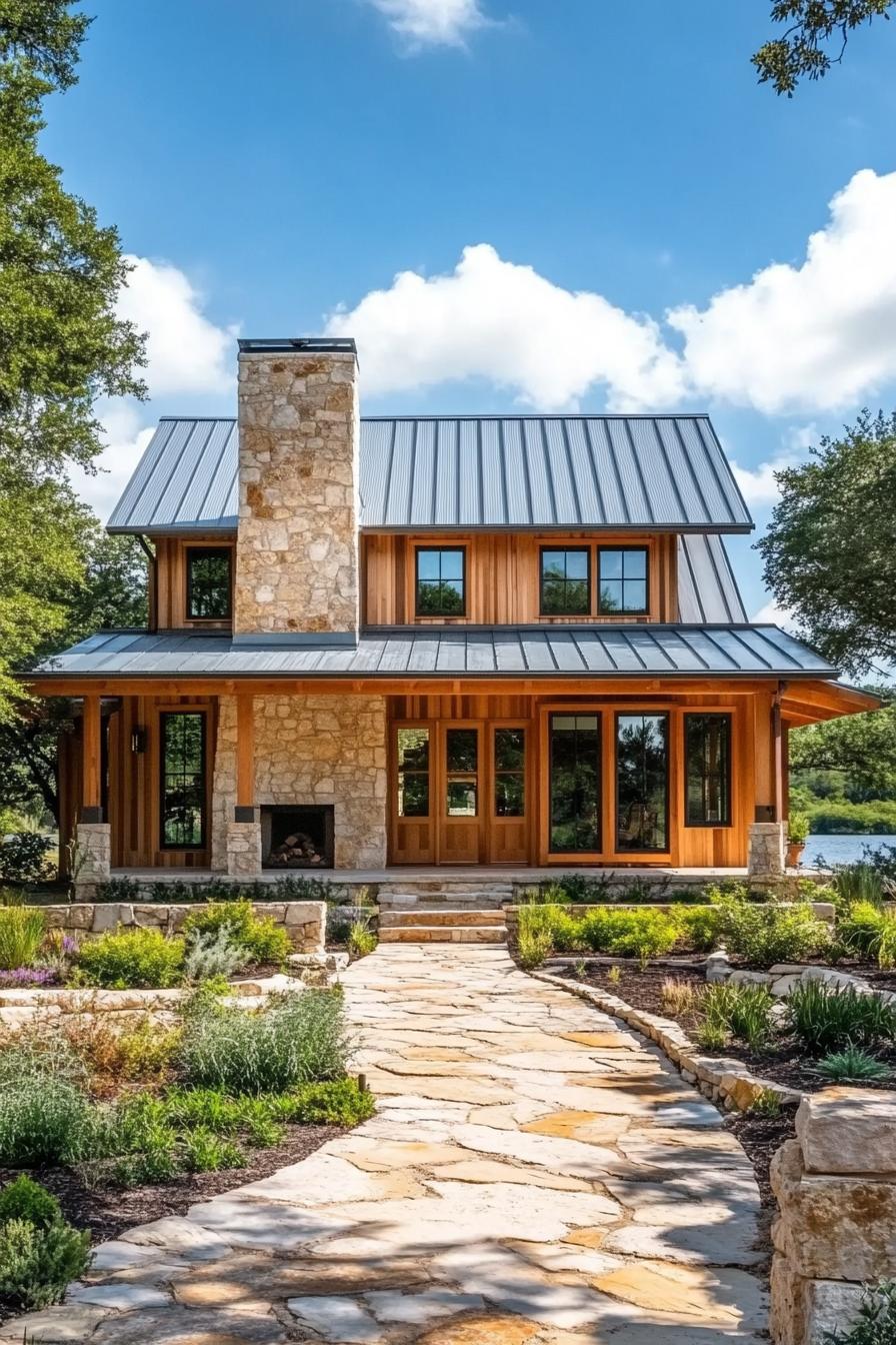 Stone path leading to a charming farmhouse with a metal roof