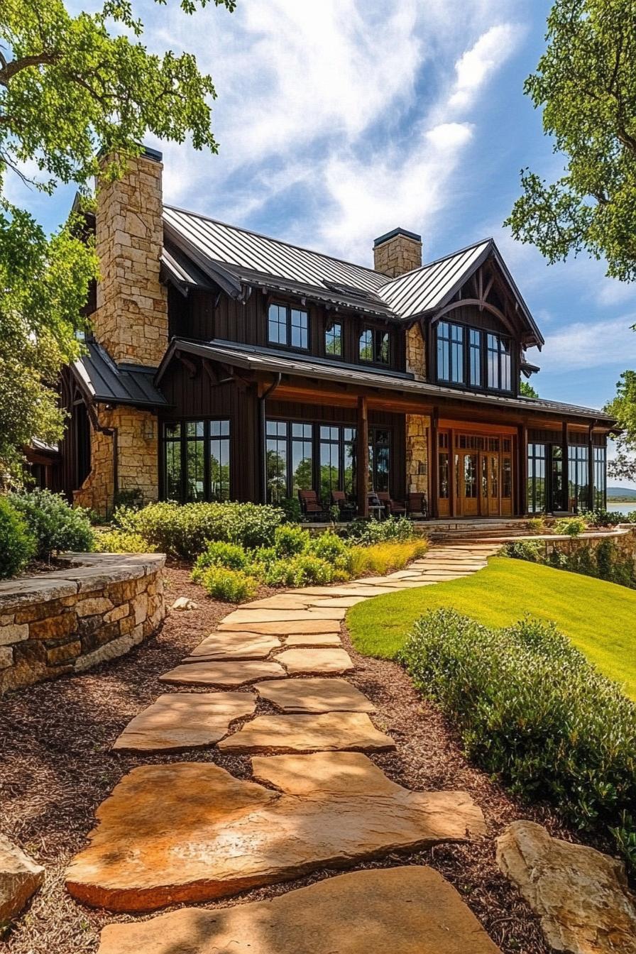 Elegant farmhouse with stone chimney and lush garden path