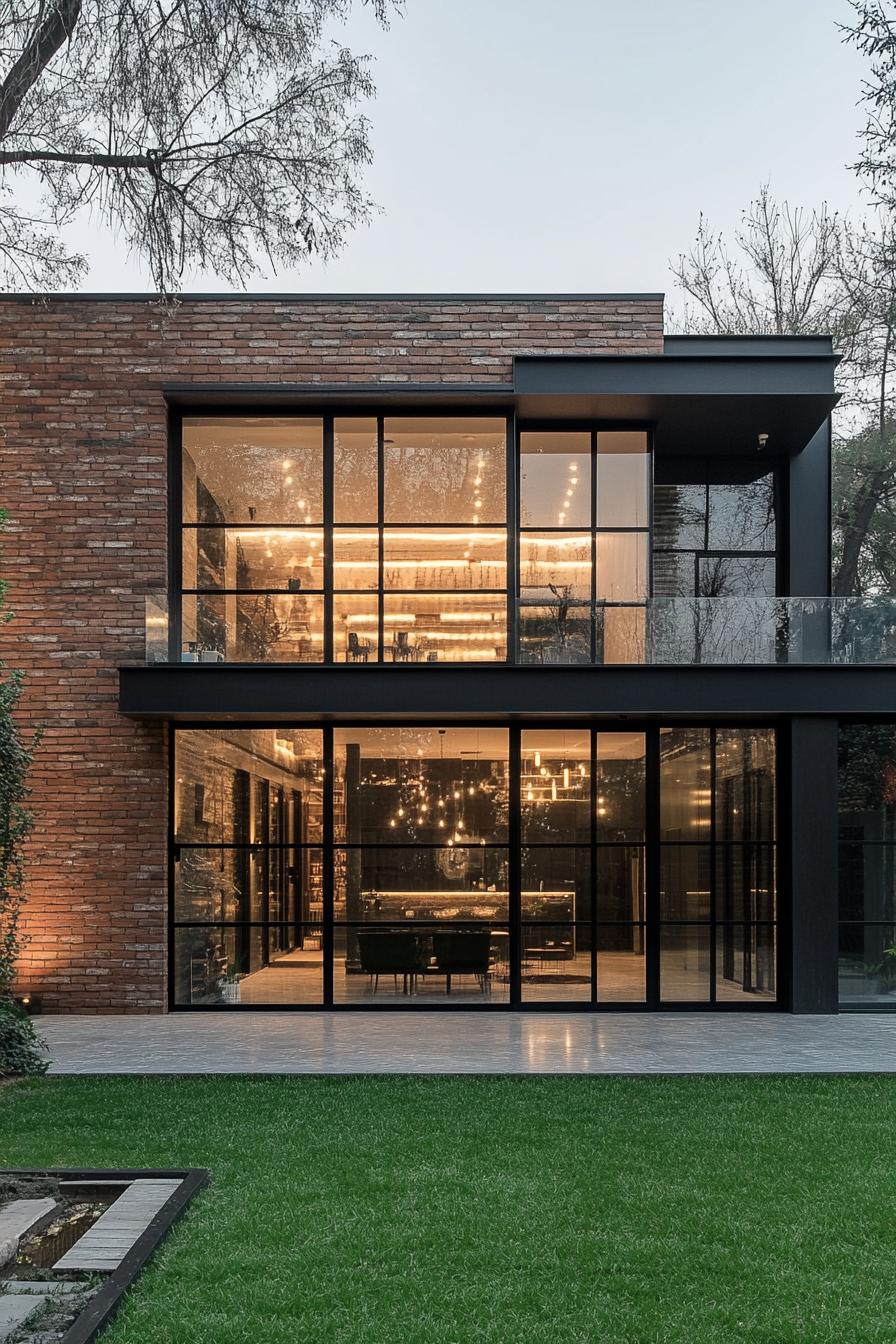 Modern brick house with large glass windows and warm lights