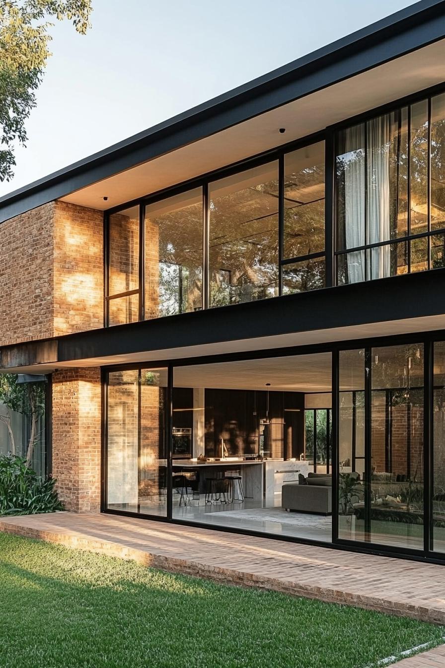 Modern two-story house with large glass windows and brick exterior