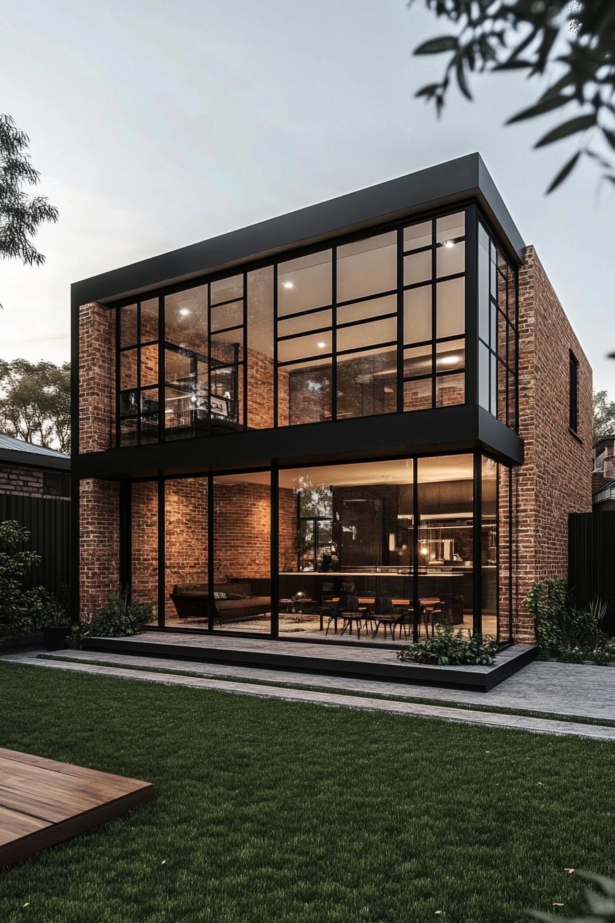 Modern brick house with large glass windows, surrounded by greenery