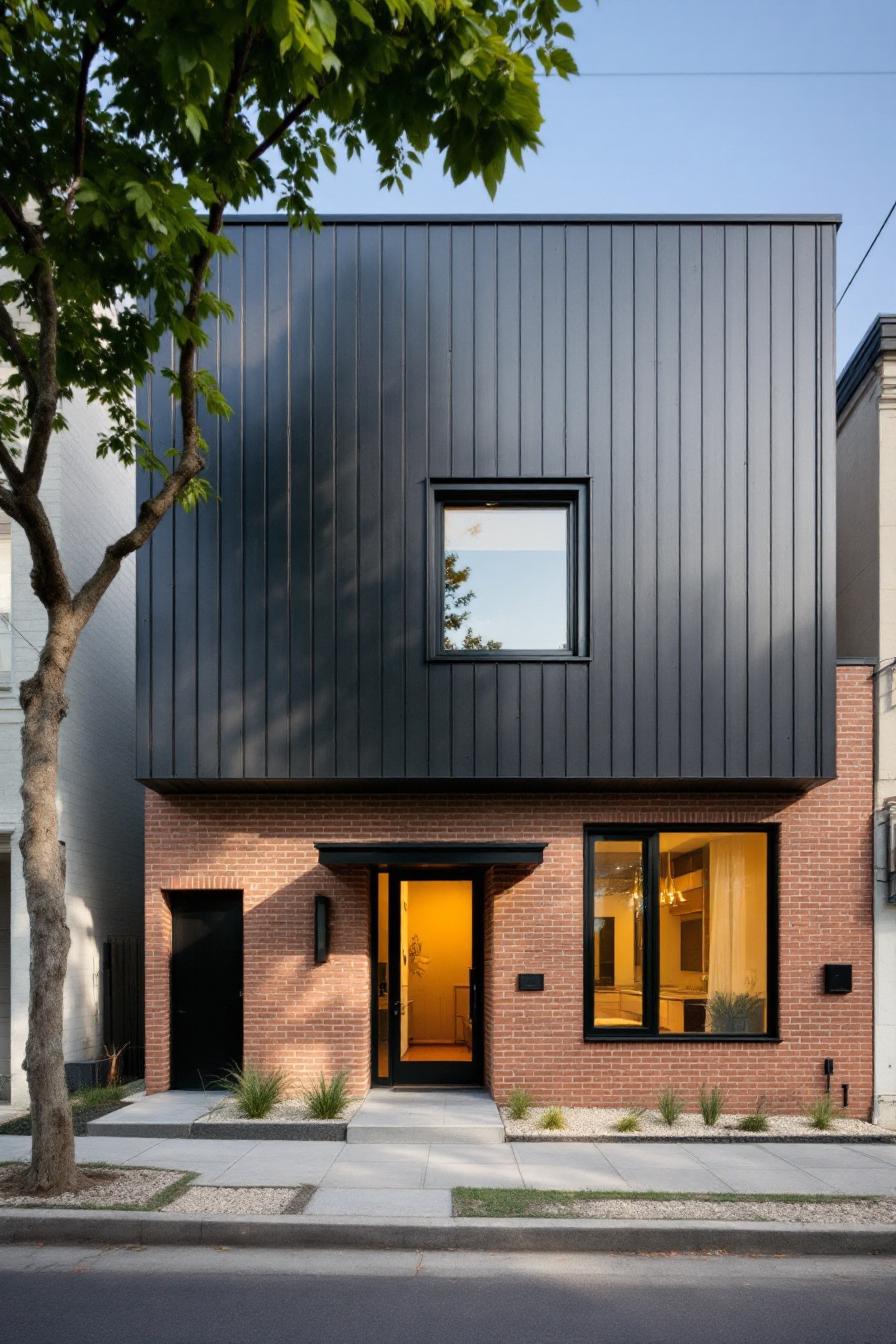 A modern house with a black and brick facade