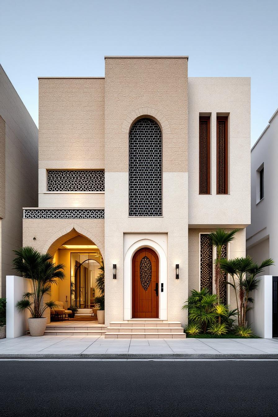 Elegant entrance with detailed arches and wooden door