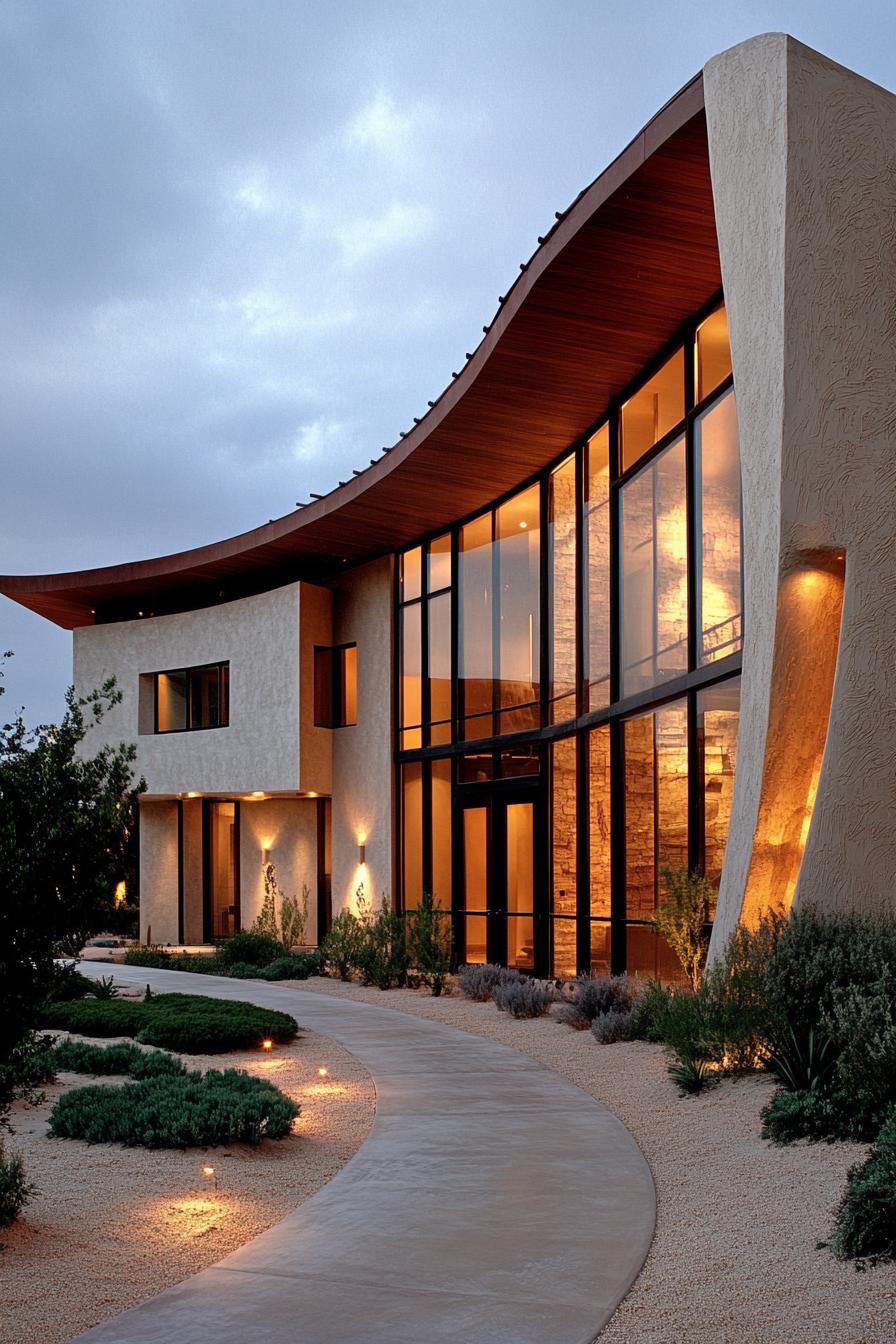 Modern architectural home with sweeping curves and large glass windows