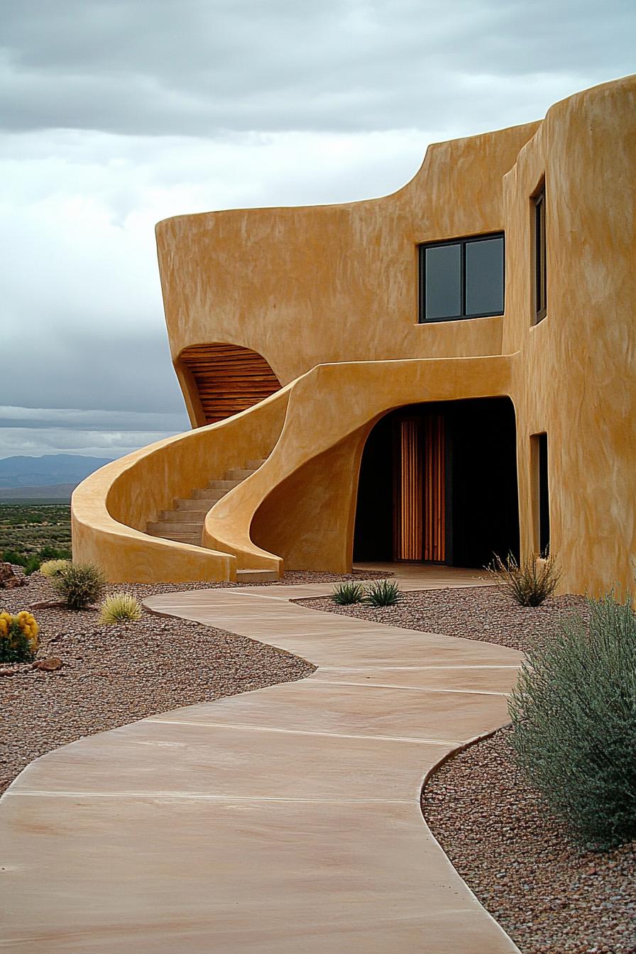 Sculpted adobe home with curved staircase in Arizona desert