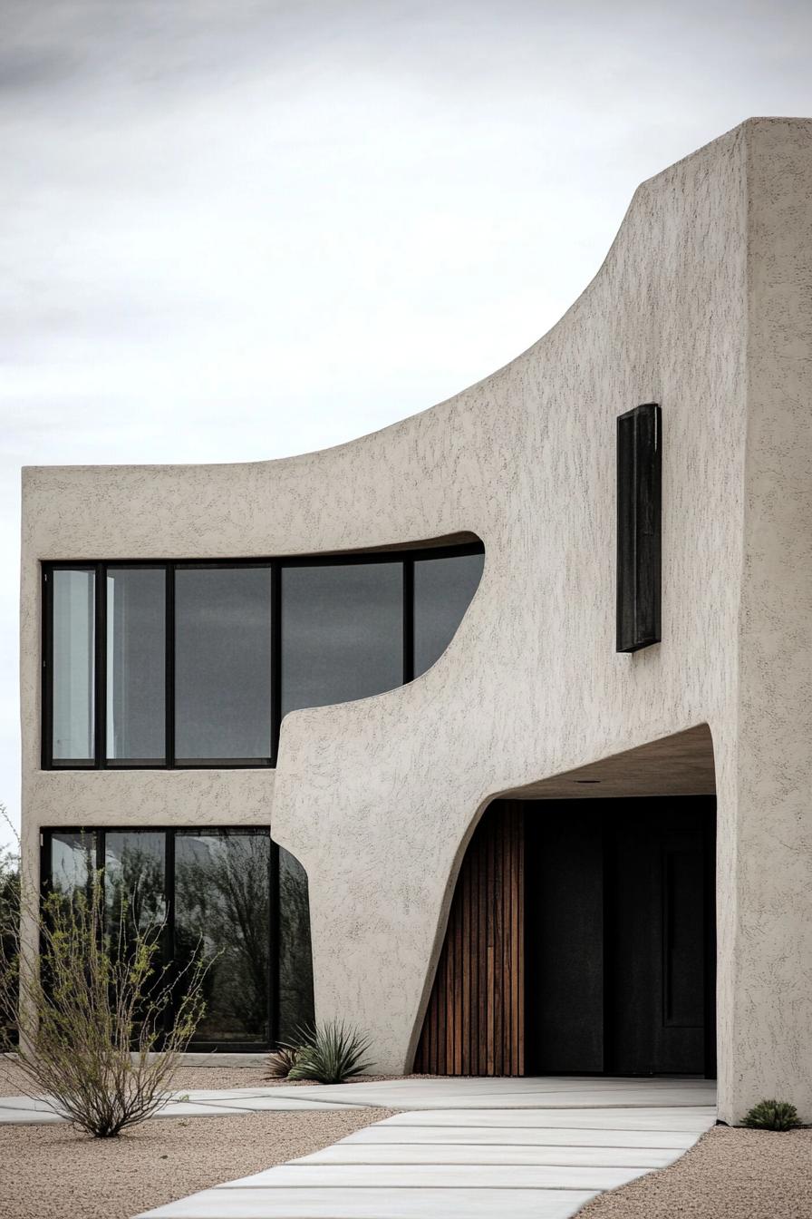 A modern home with sweeping curved walls and large windows