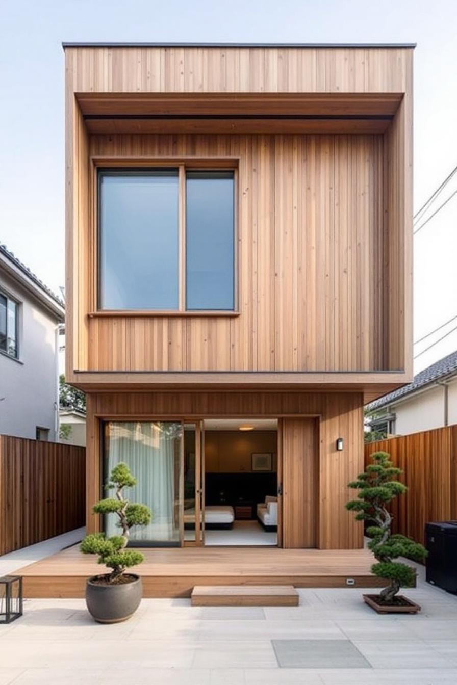 Wooden-walled minimalist house with a sliding glass door and potted bonsai trees