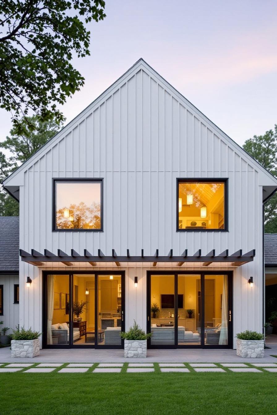 Modern farmhouse with tall gabled roof and large windows