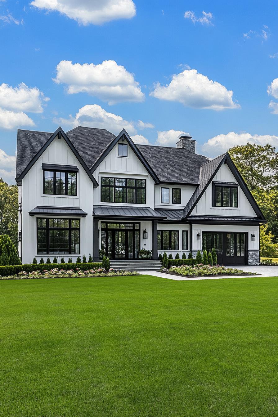 Elegant farmhouse with a sharp gabled roof and pristine lawn