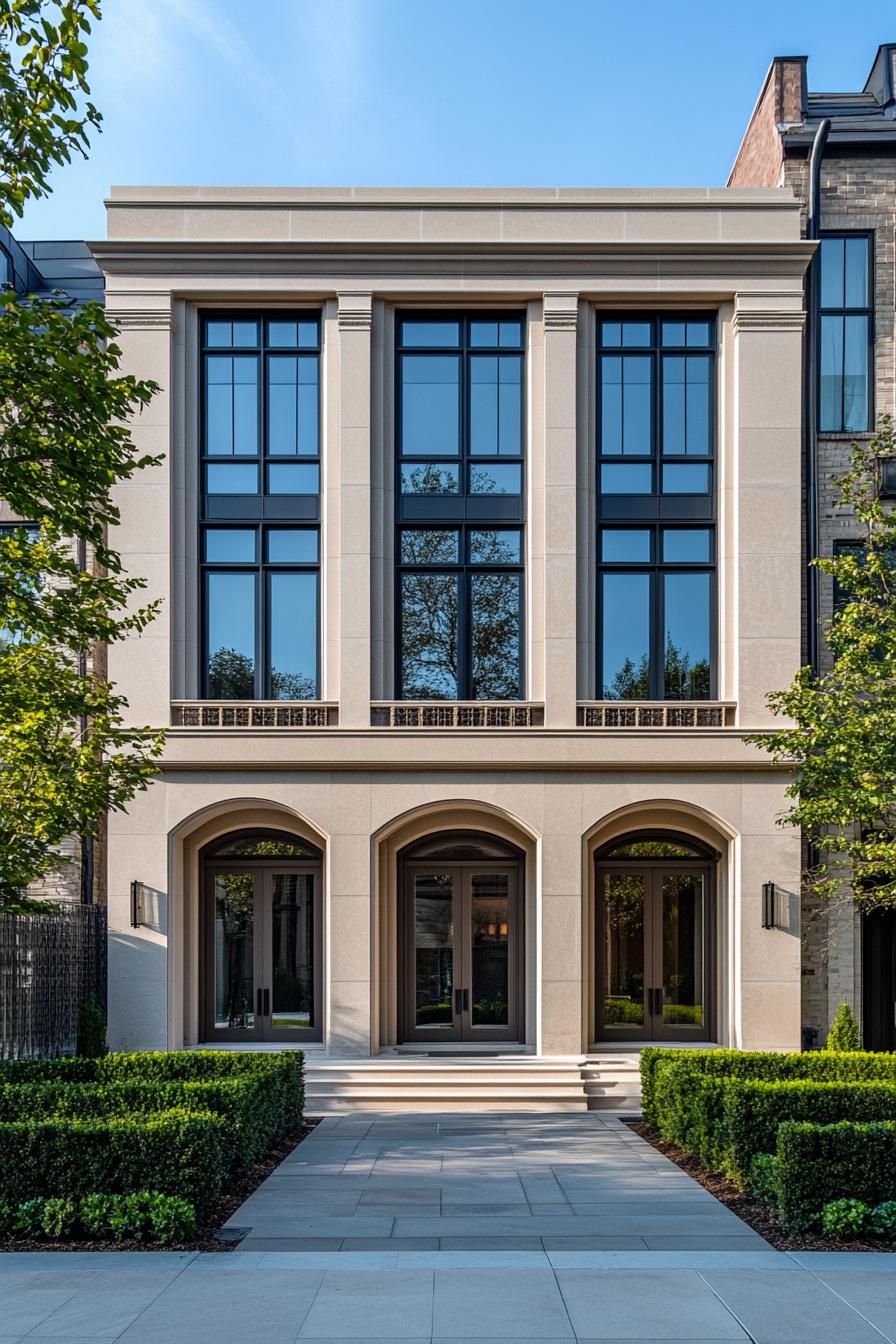 Neoclassical house with tall windows and arched entrances