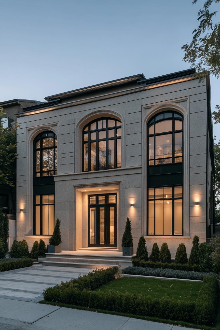 Modern neoclassical house with lit windows and arched design