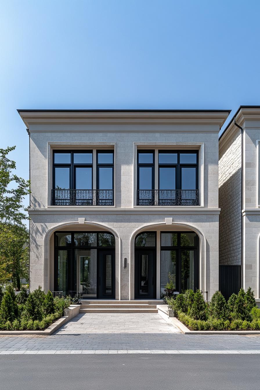 Modern neoclassical home with arched entrances and large windows