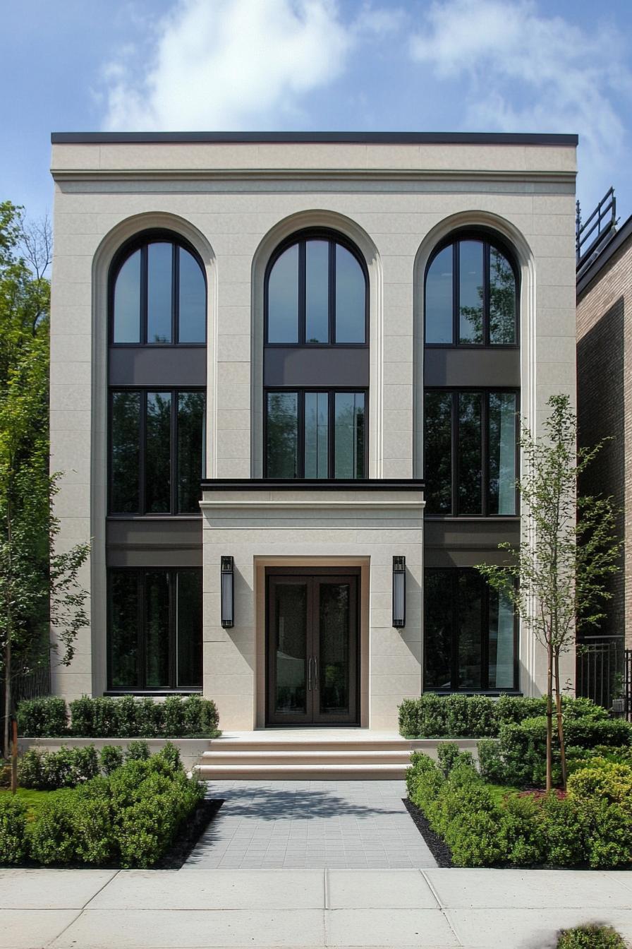 Modern neoclassical house with arched windows and lush greenery