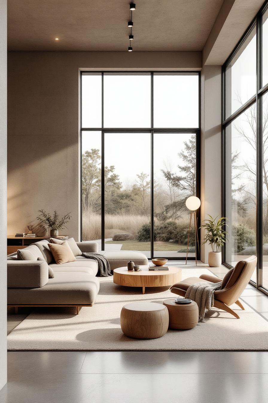 Minimalist living room with large windows and neutral tones