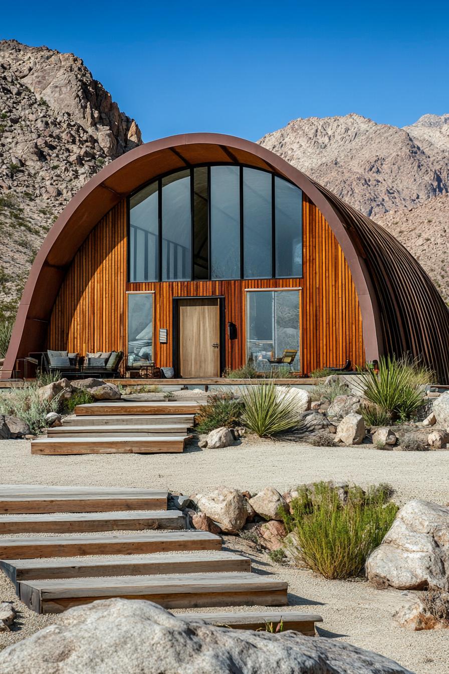 Quonset hut with large windows in a desert landscape