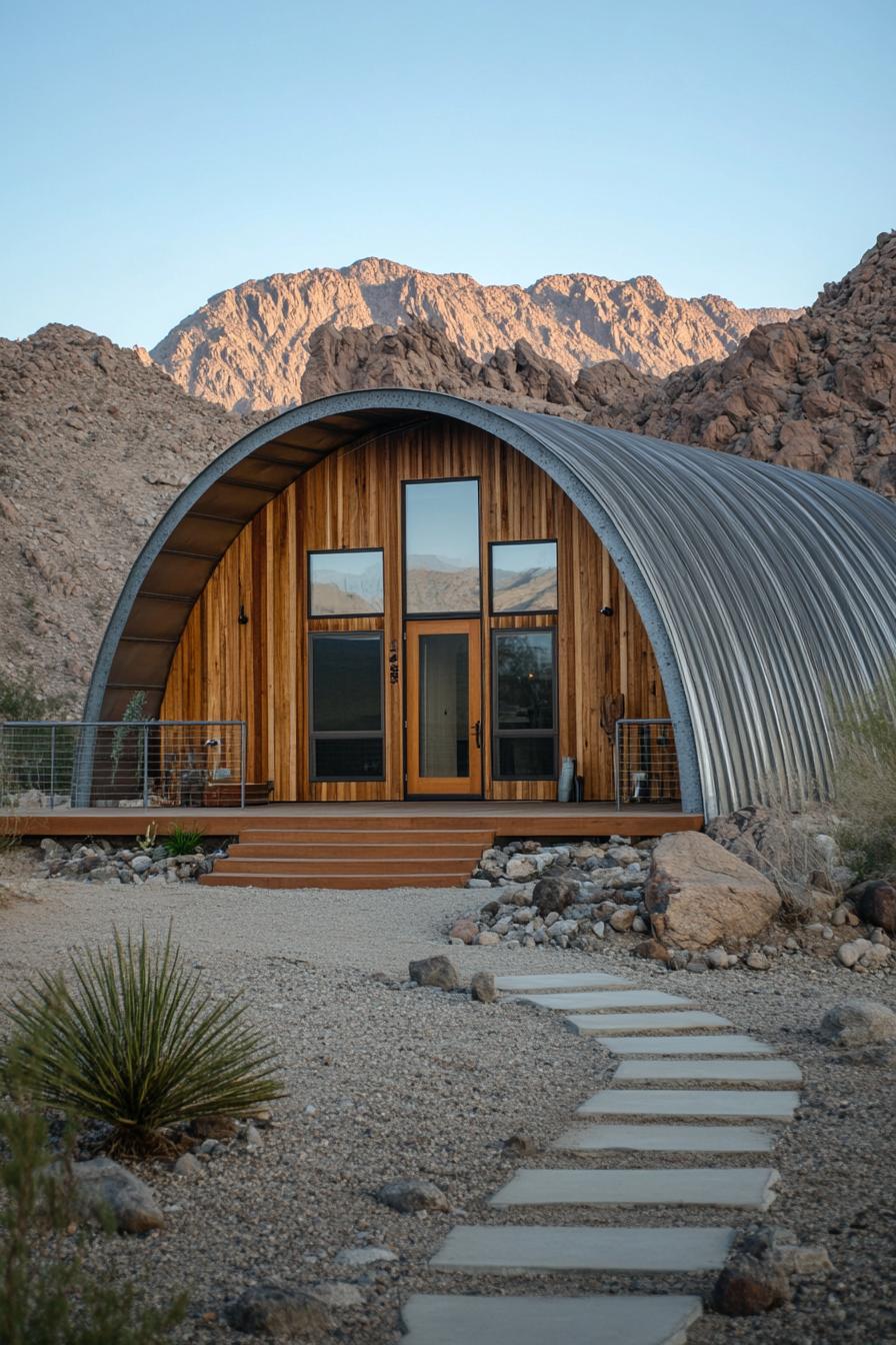 Arched metal home nestled in desert landscape