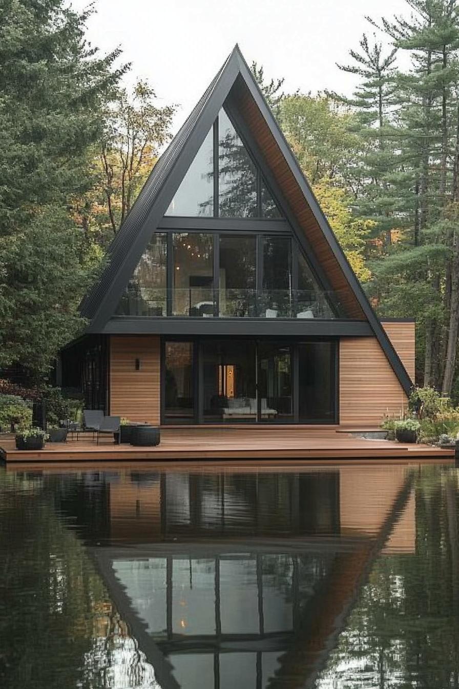 A-frame house with glass facade reflecting on a calm lake