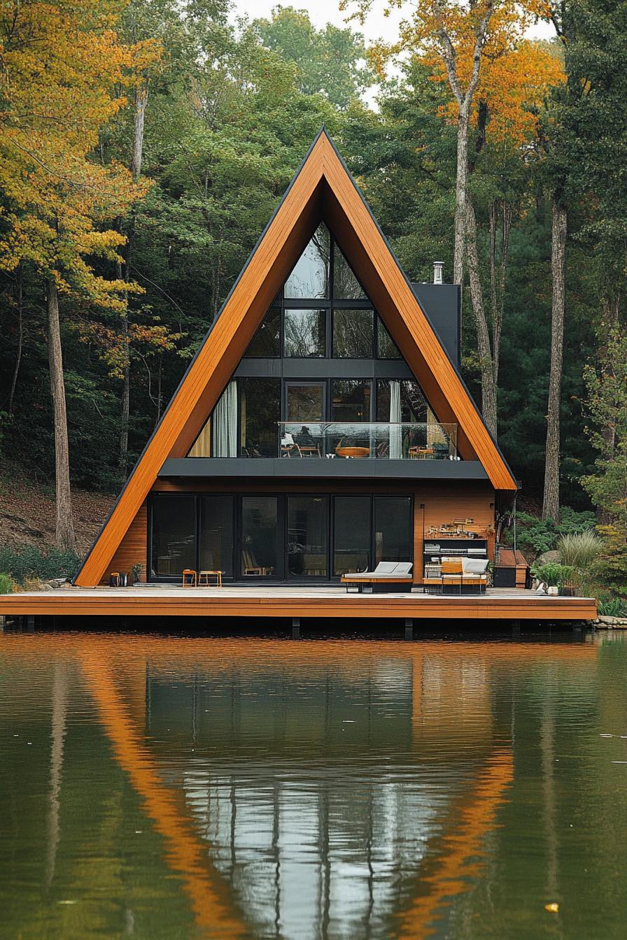 A-shaped house by a lake, surrounded by trees