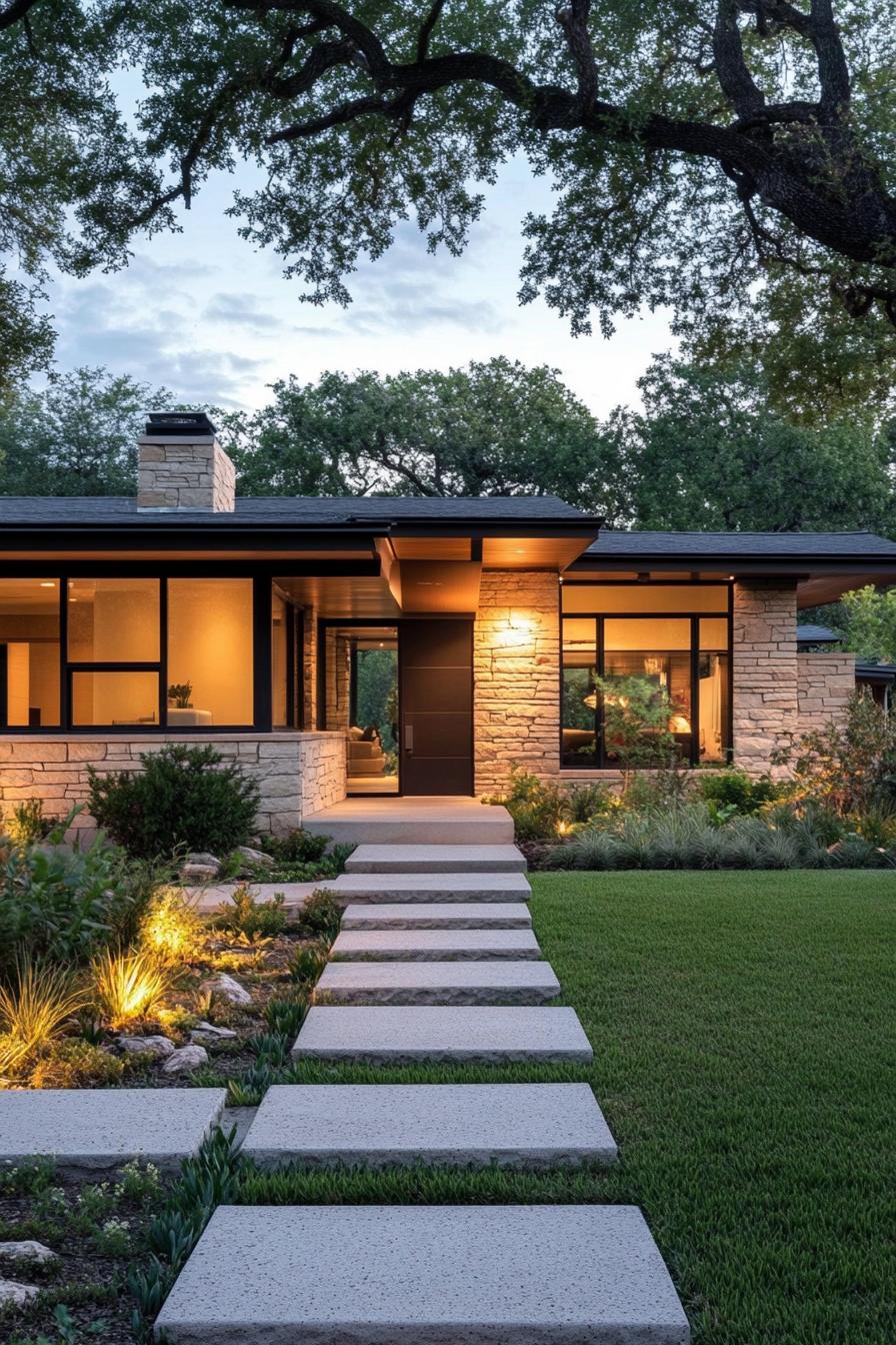 Modern ranch-style home with stone facade and warm lighting