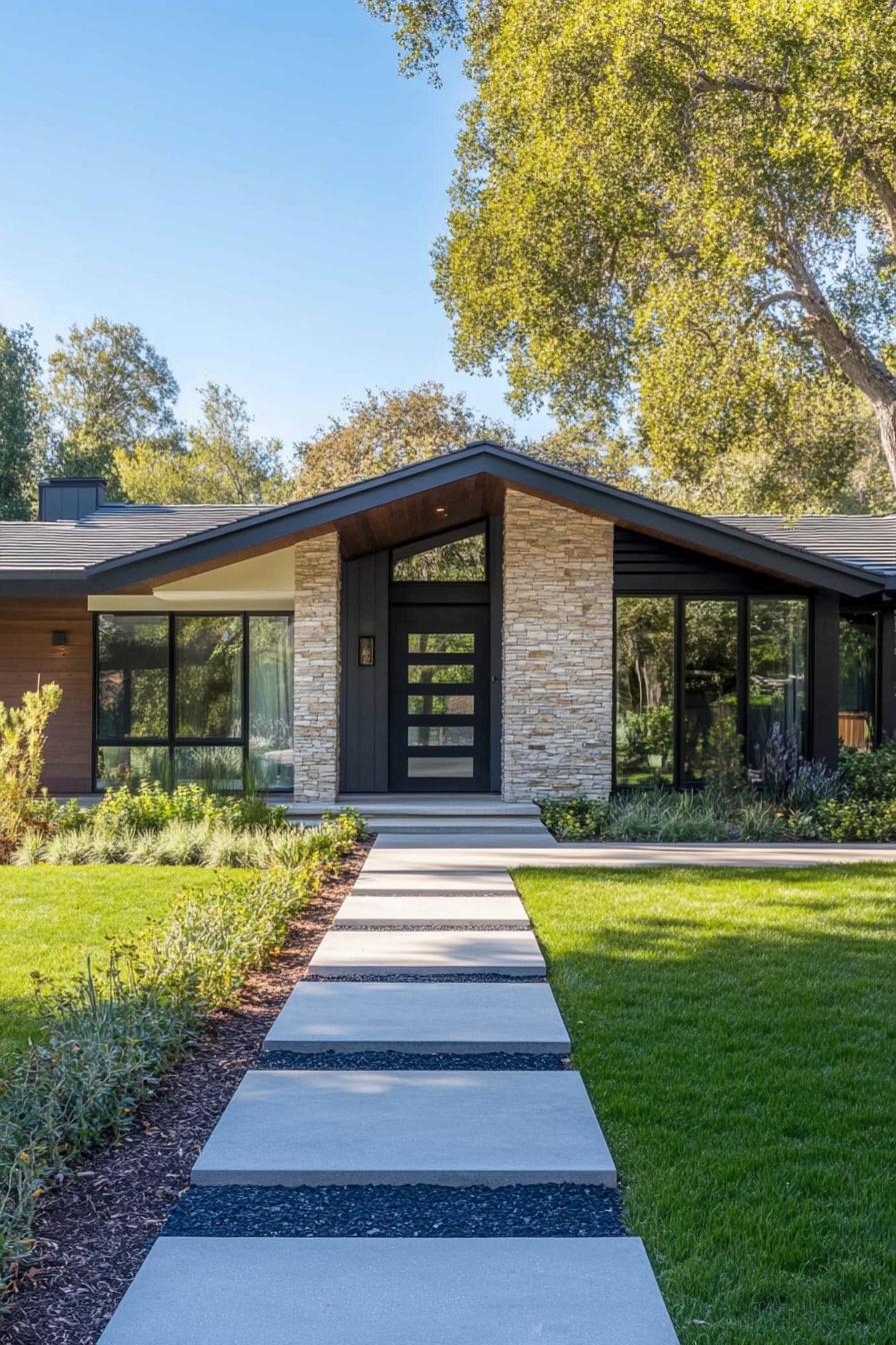 Modern ranch house with stone and glass facade