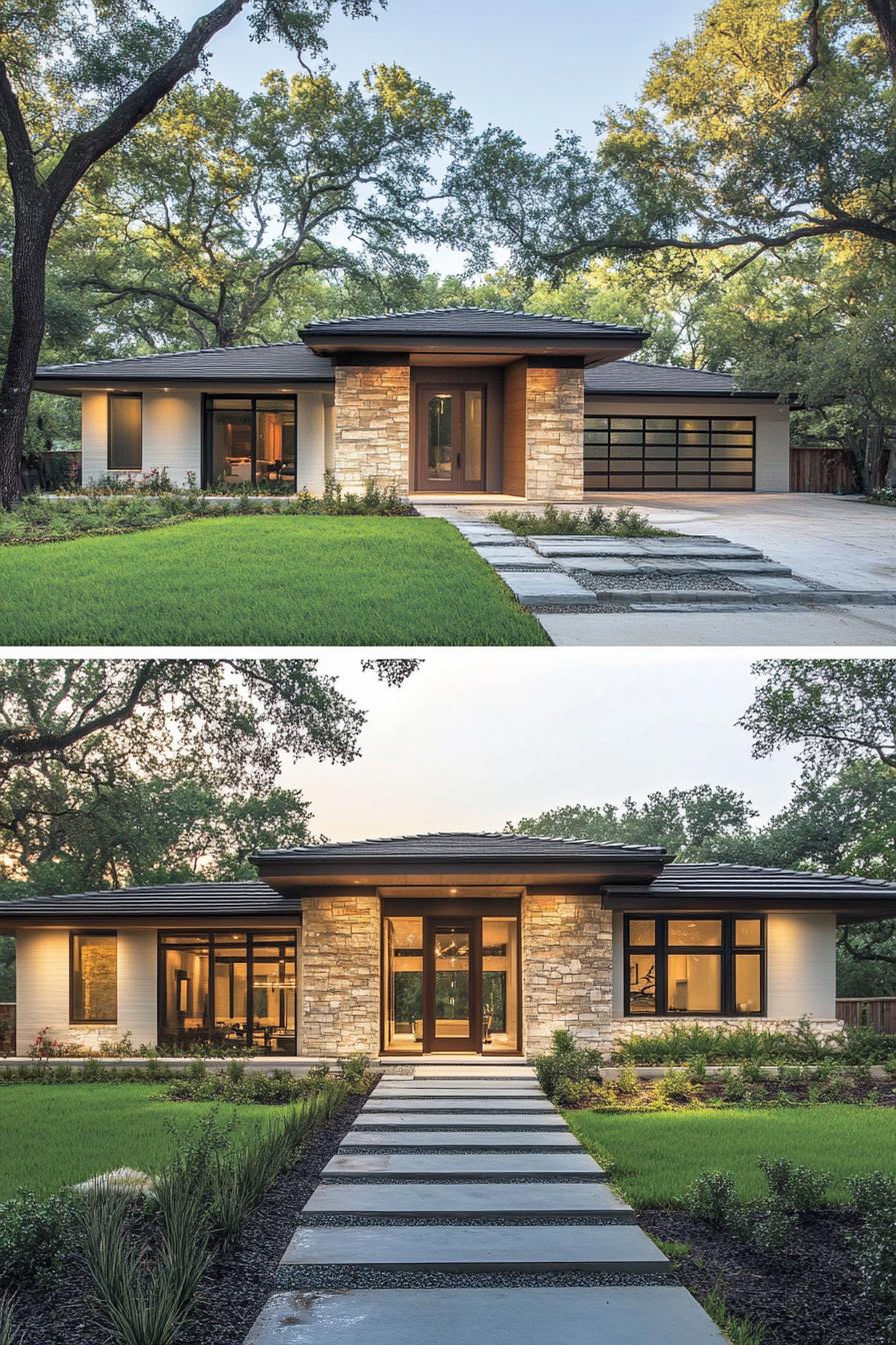 Modern ranch house with stone facade and large windows