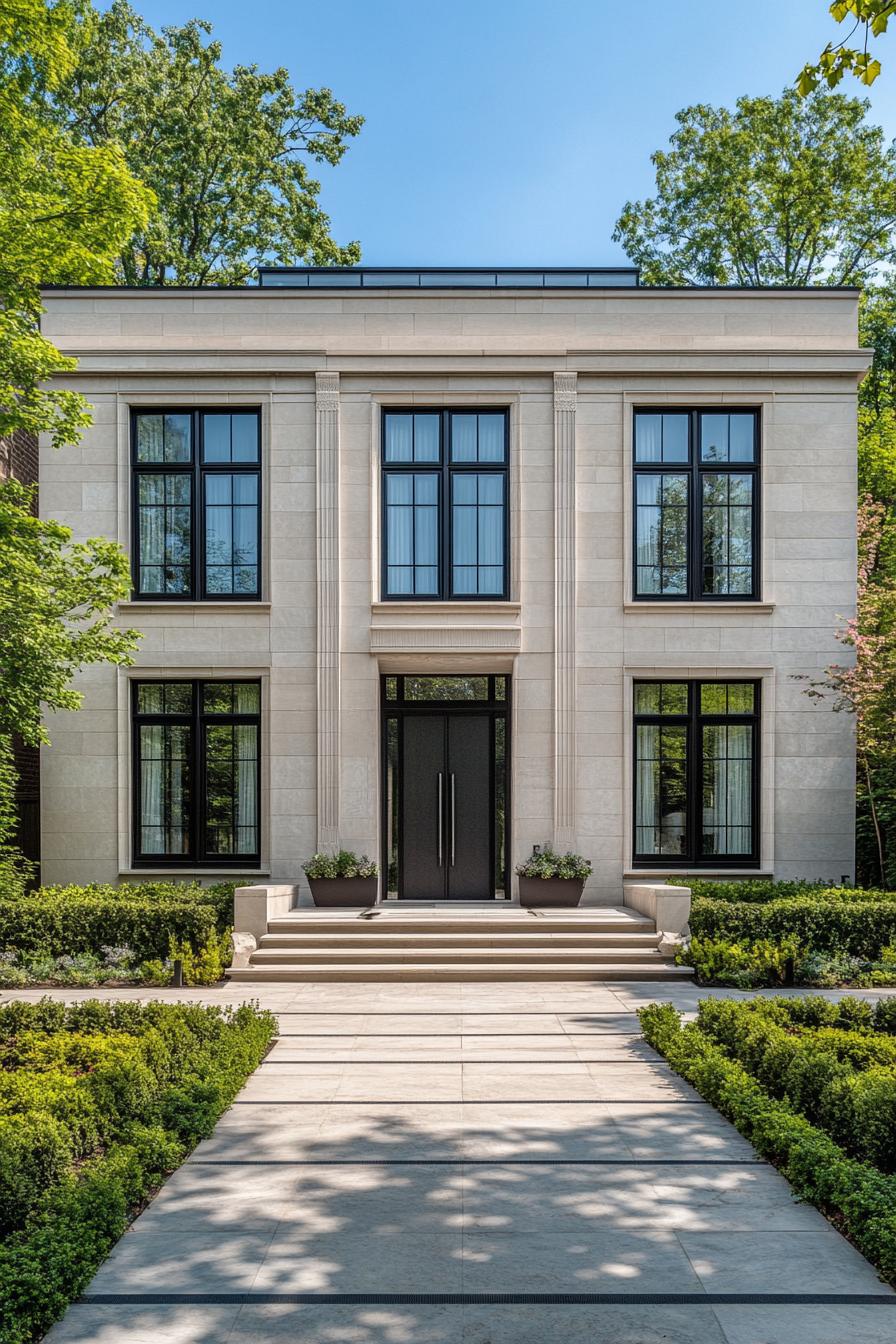 Elegant townhouse with grand entrance and lush surroundings